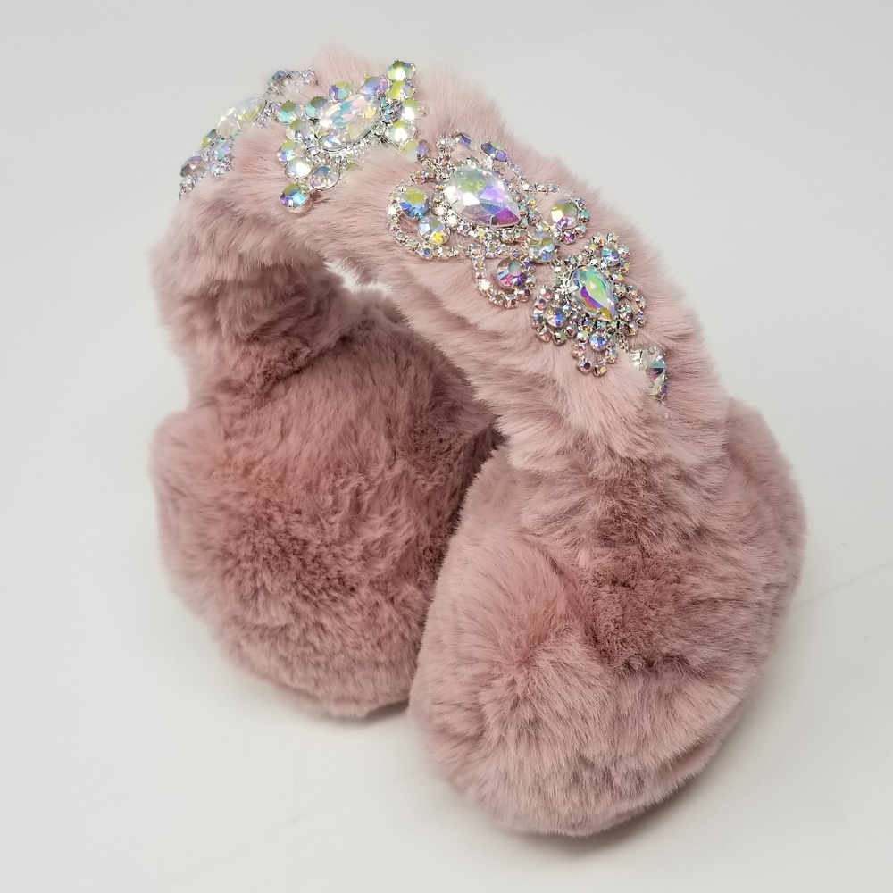 Blush Pink Faux Fur Crystal Embellished Earmuffs Earwarmers Rhinestone Headband